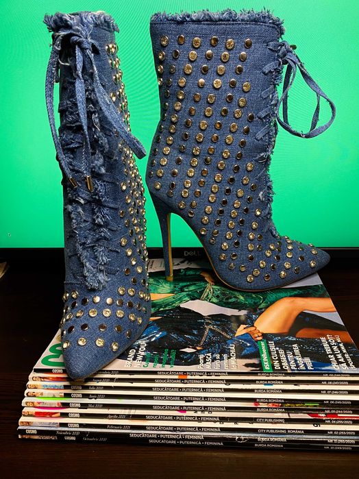 Botine din denim cu pietre, marimea 35