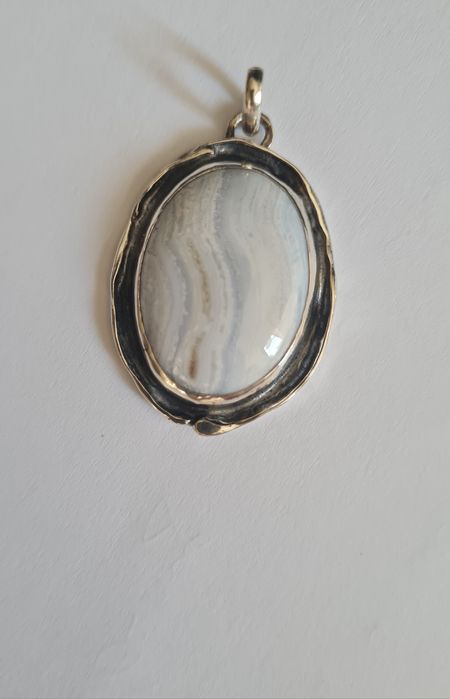 Авторски сребърни бижута комплект, естествен камък халцедон синя данте