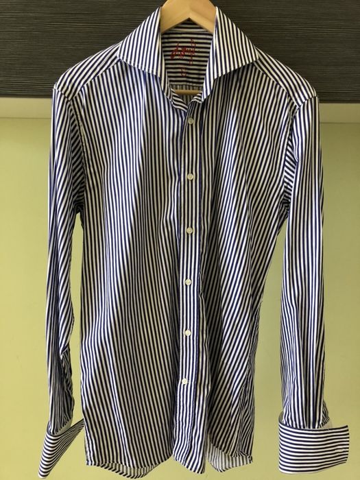 Denyl стилна тъмно синя мъжка риза с дълъг ръкав с райе