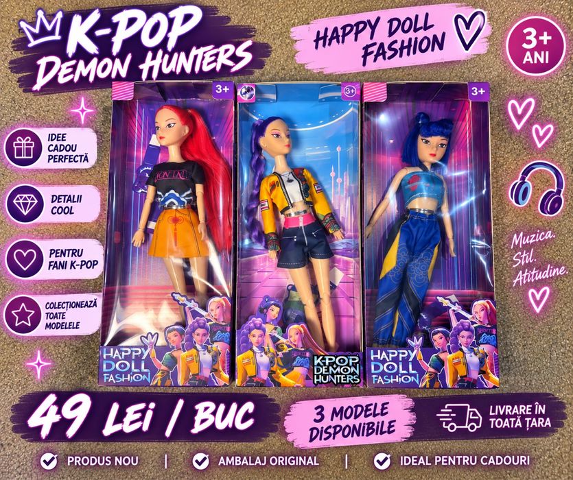 Păpuși K-Pop Demon Hunters – NOI în cutie – 3 modele