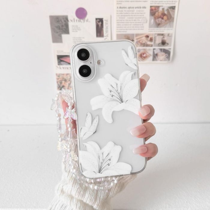 Husă iPhone 16 transparentă floare TPU rezistentă la șoc cu lanț – alb
