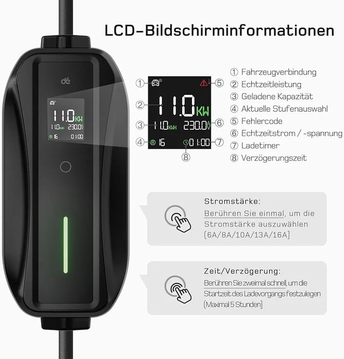 11kW 2-в-1 мобилна зарядна станция dé, Type 2, 10м, CEE 16A + шуко