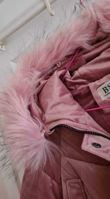 Дамско Дълго Зимно Яке Кадифе, Розово, с изкуствена козина топло, вата