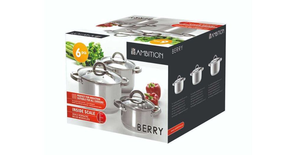 Set oale 6 piese, 3 oale, 3 capace sticla Ambition, Berry, nou