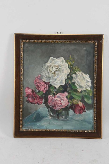 Pictura in ulei, natura statica cu flori, 45x39 cm, semnata si datata 1944