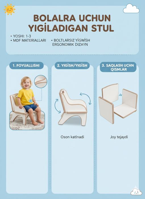 Yosh bolalar stuli 3 yoshgacha boʻlgan bolalar uchun
