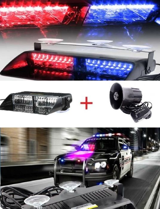 Pachet Girofar Geam Rosu-Albastru PRO cu Sirena 6 Melodii si microfon