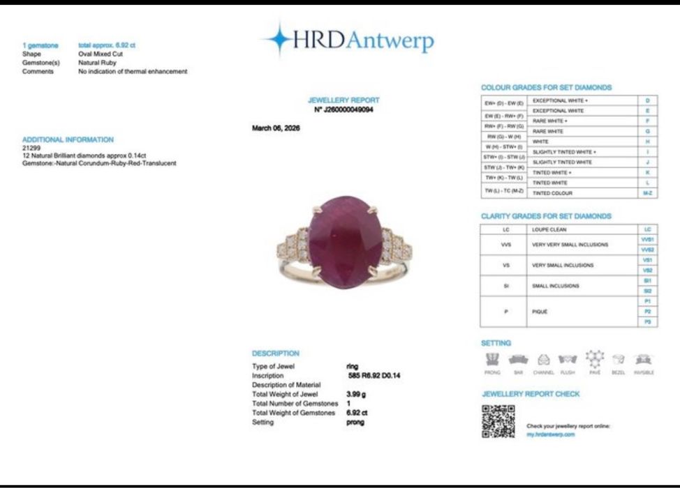 Inel aur galben 14k cu Rubin natural netratat 7,06 ct si diamante naturale certificat