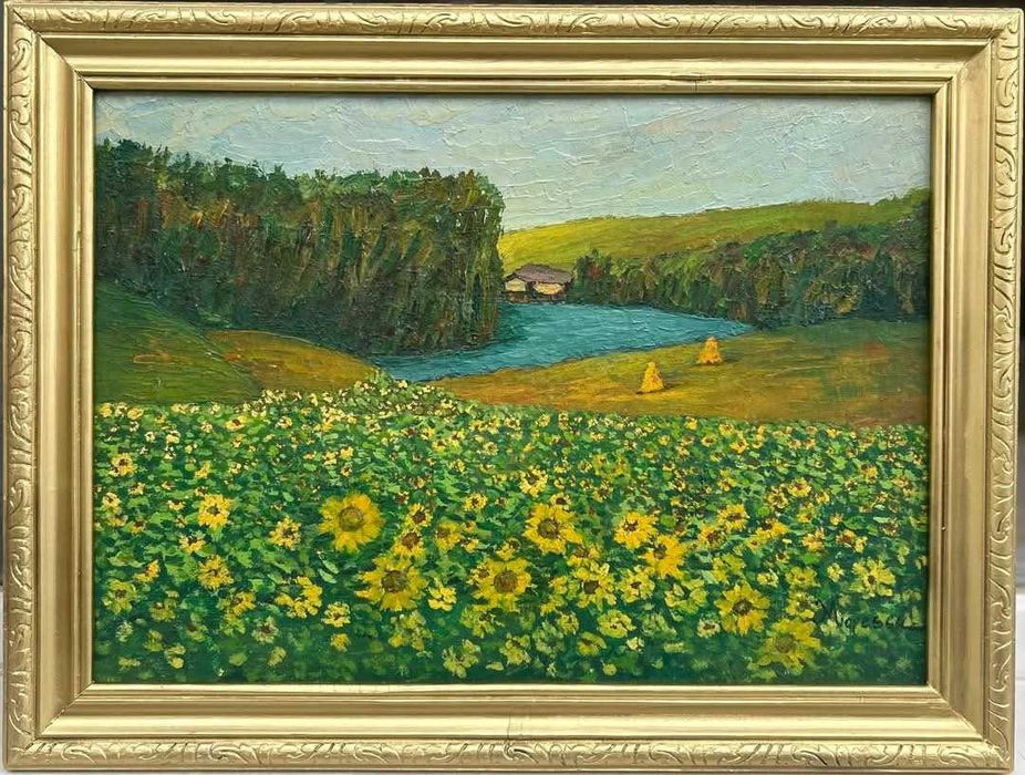 M Popescu Tablou Peisaj Floarea-soarelui pictura ulei inramata 42x56cm