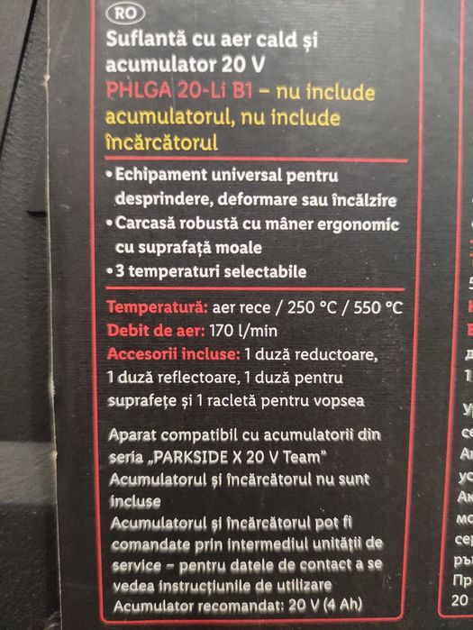 Suflanta cu aer cald parkside pe baterie de 20 V