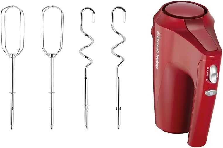 Russell Hobbs Електрически ръчен миксер [Ръчен миксер] Desire Red (5 скорости + импулсна функция, 2 хромирани бъркалки и куки за тесто, 350 W)
