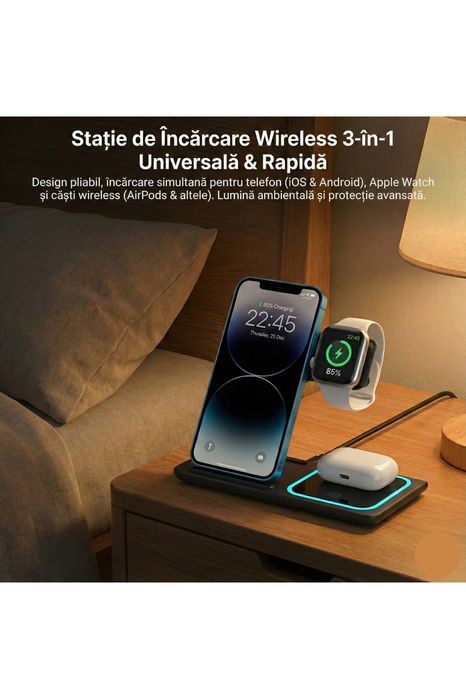 Statie Incarcare Wireless 3-in-1 Pliabila Wyred by Monga Qi 15W Negru