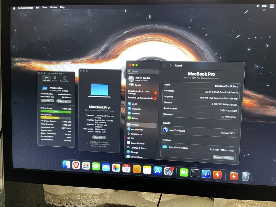 Laptop Apple Macbook Pro 17 2017 A1708 I5-7360U 8GB RAM SSD 256GB Intel UHD Graphics MacOS Sequoia DEFECT( Backlight Display defect,  SSD defect)