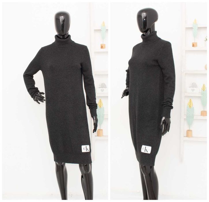 Calvin Klein дамска плетена рокля вълна тъмно сива поло яка М