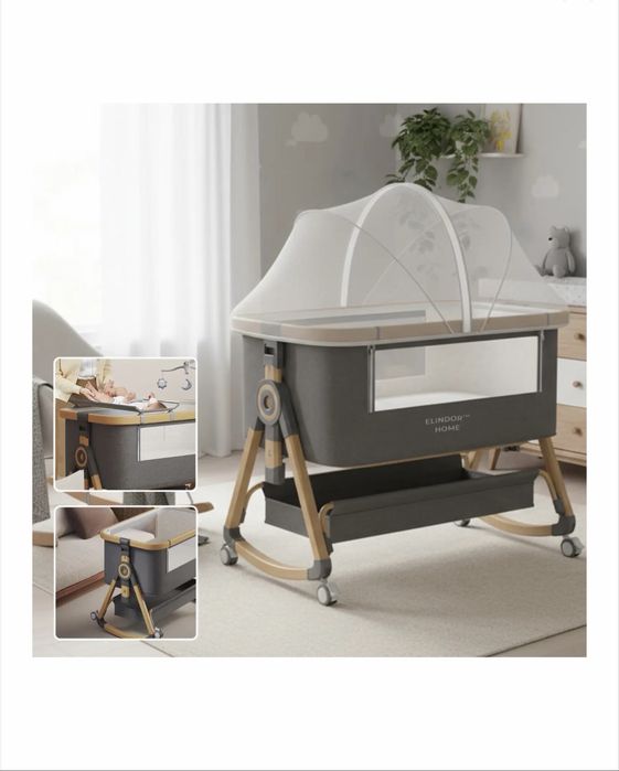 Patut Pliabil Pentru Bebelusi Elindor® 3 in 1, Pentru Copii 0–6 Luni, Leagan Pe 2 Etaje,