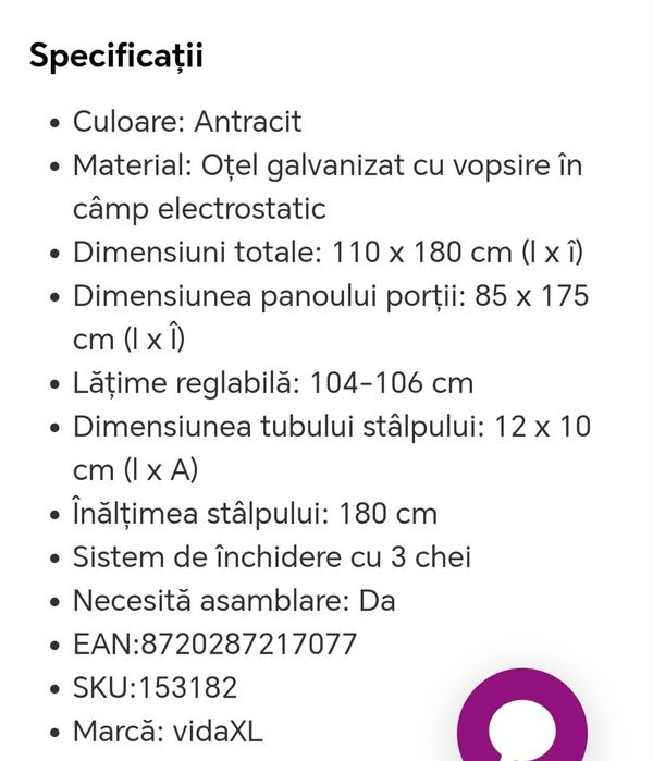 Poarta culoarea antracit otel garvatizat  dim 110 x 180 cm noua