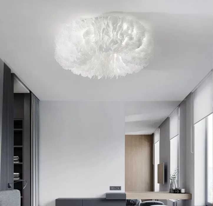 Полилей Таванна лампа Полилей с бяло перо, Модерни LED осветителни