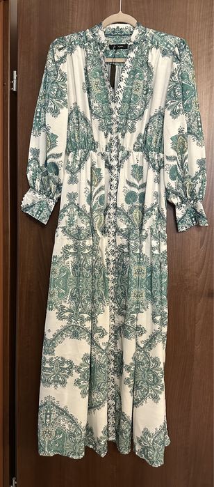 Rochie lunga, alb/verde, M/L