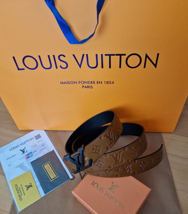 Curea unisex LV maro cognak, logo metalic