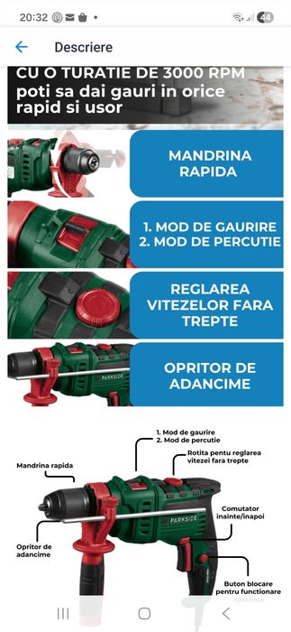 Masina de gaurit cu percutie ( bormasina ) Parkside PSBM 750 B3