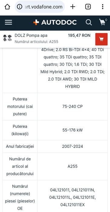 Pompa de apa compatibila cu Audi, Man, Seat, skoda, vw, audi