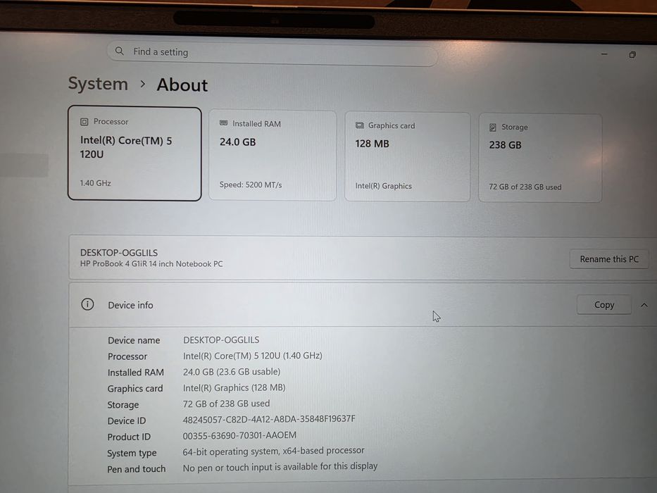 Нов! HP ProBook 4 G1iR 14 / Intel 5-120U / 24GB Ram / 256 SSD