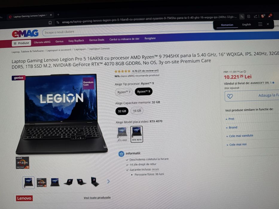 Lenovo Legion 5 Pro 16ARX8 2024 ( 2 ani garantie Premium Care)