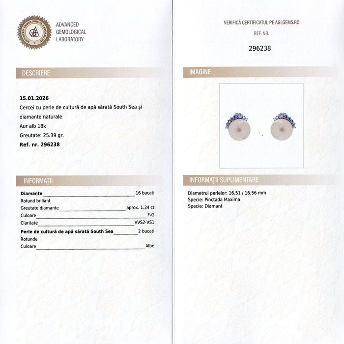 cercei cu perle mari South Sea, diamante 1.35ct, aur 18k, certif.