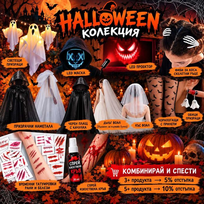 LED проектор лампа за Halloween Хелоуин, 6 хорър прожекции, с USB декорация, украса