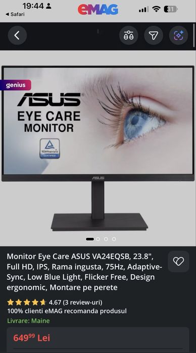 Monitor Asus Eye care low blue light