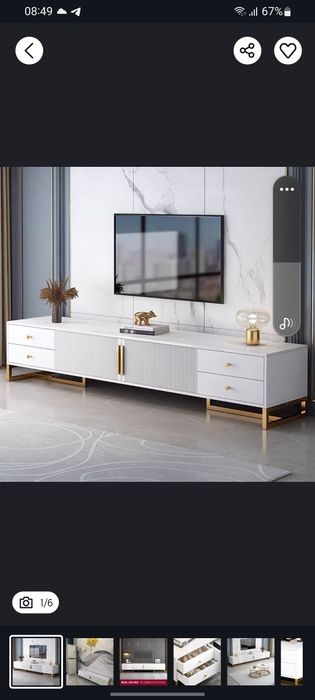 Тумба под ТВ 180×30×40 см — Белый мрамор и золотая фурнитура