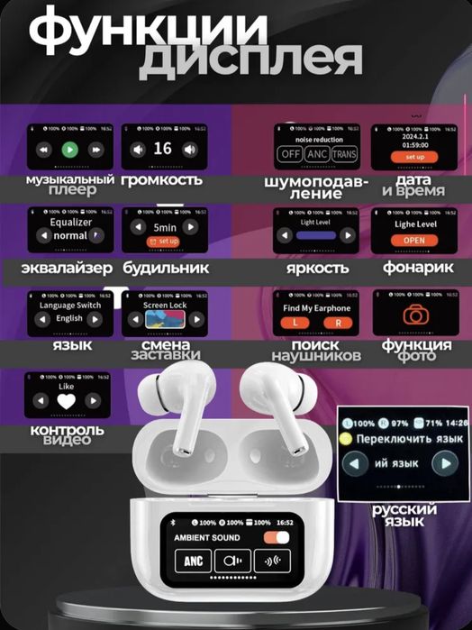 Беспроводные наушники "Air Pro 2", ANC+ENC, с сенсорным дисплеем и акт