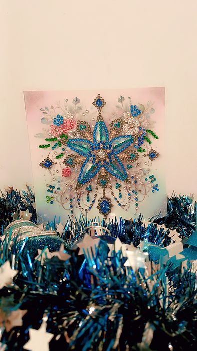 Felicitare de Crăciun Mozaic cu Diamante Model Floral cu Stea Albastră