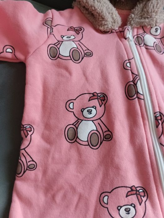 Бебешко зимно розово гащеризонче "мече" за момиче на мечета размер 6-9