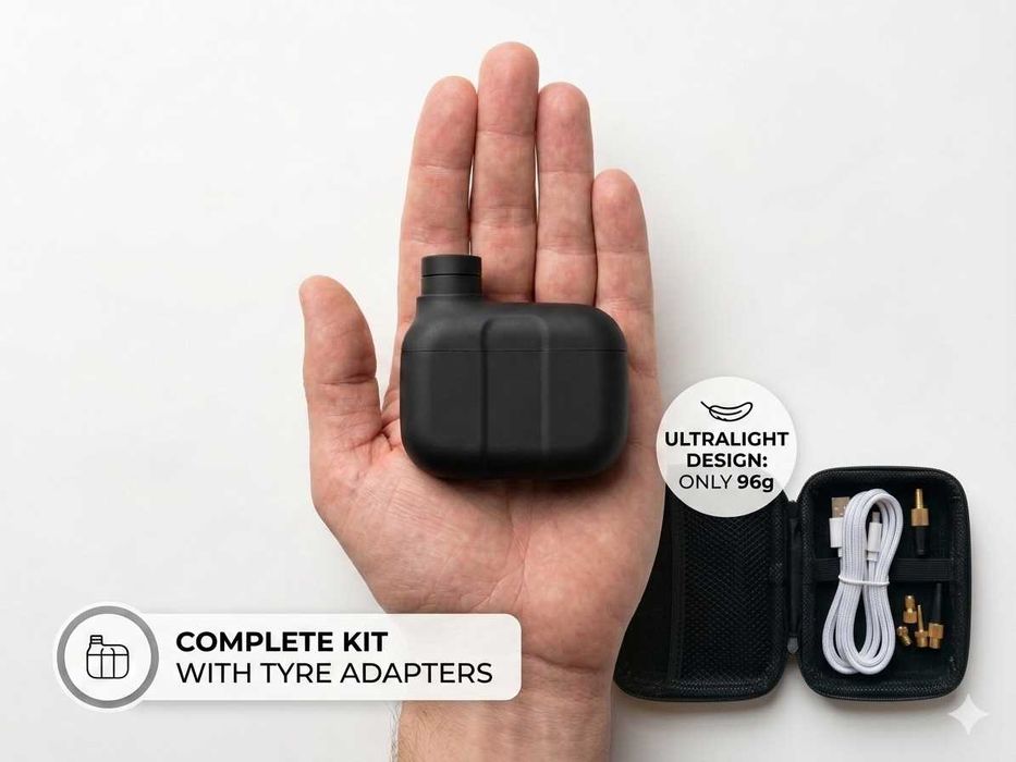 Мини Електрическа Помпа 93g 100PSI - Джобен Компресор с Кутия и Адаптери за Всички Вентили - Подарък за Колело и Тротинетка