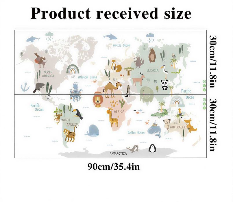 Sticker educativ harta lumii cu animale, sticker decorativ autocolant, sticker camera copilului