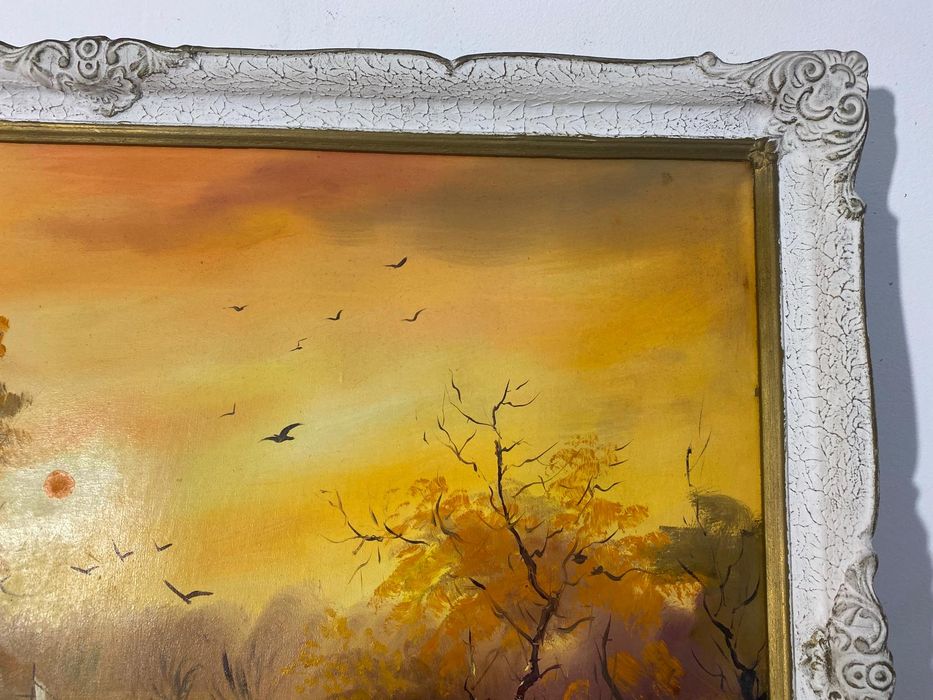 Tablou cu Ramă din Lemn 115x86 cm, Ulei pe Pânză; Peisaj Rustic Delta