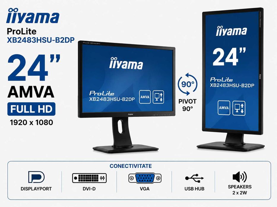 Monitor iiyama ProLite XB2483HSU-B2DP 24" AMVA Full HD DP Pivot Garanție 2 Ani