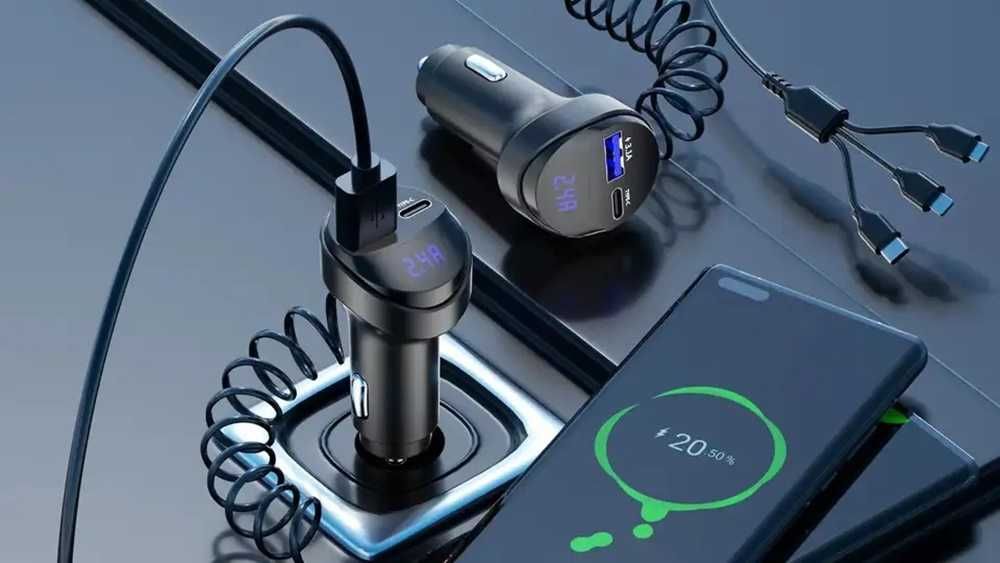 Зарядно за автомобил, Два USB изхода, 3 в 1 кабел, Волтметър