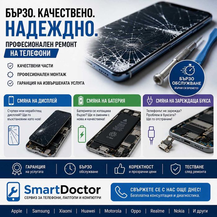 Смяна на дисплей,  батерия и захранваща букса на телефон