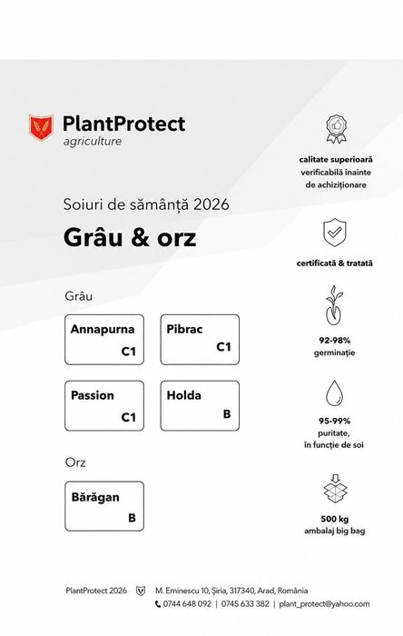 Sămânță  de grâu 2026 calitate superioară