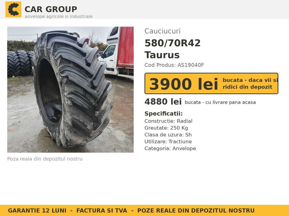 Anvelope Cauciucuri 580/70R42 580/70 R42 20.8R42 20.8-42 5807042 Taurus Tractor Punte Spate Tractiune SH Second Hand IEFTIN Garantie 1 An Factura TVA