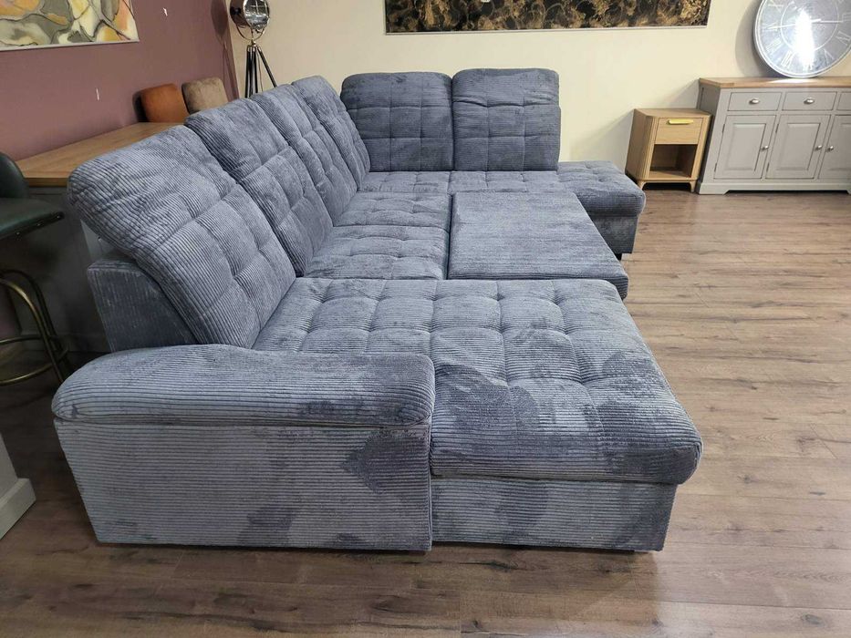 Сив П - образен ъглов диван от плат рипсено кадифе Nixon с функция сън