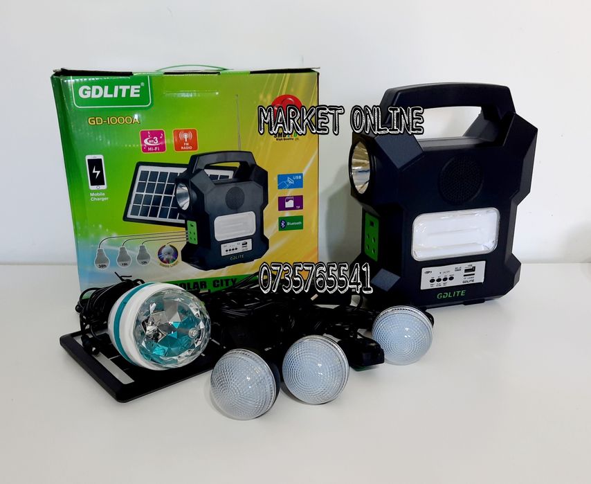 Kit solar portabil Gdlite GD 1000A bluetooth USB MP3 Radio FM 4 becuri