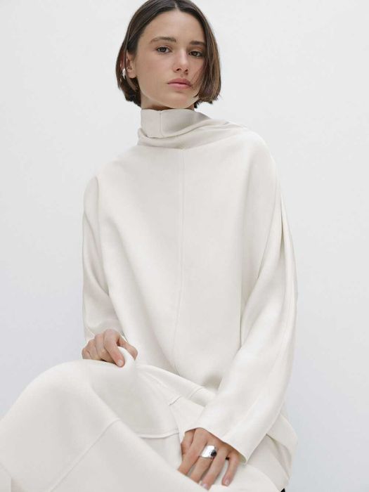 249 euro Massimo Dutti rochie midi ivory alb-crem pe gat maneci lungi