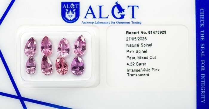 Spinel natural roz intens – 8 pietre (4,32 ct total) – certificat ALGT