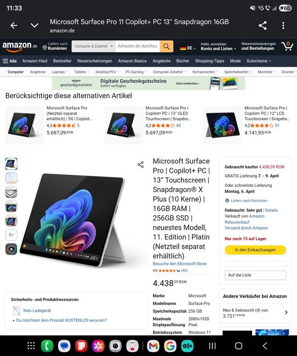 Laptop Surface Pro 11 cu Snapdragon X 10 core 16GB la cutie nou