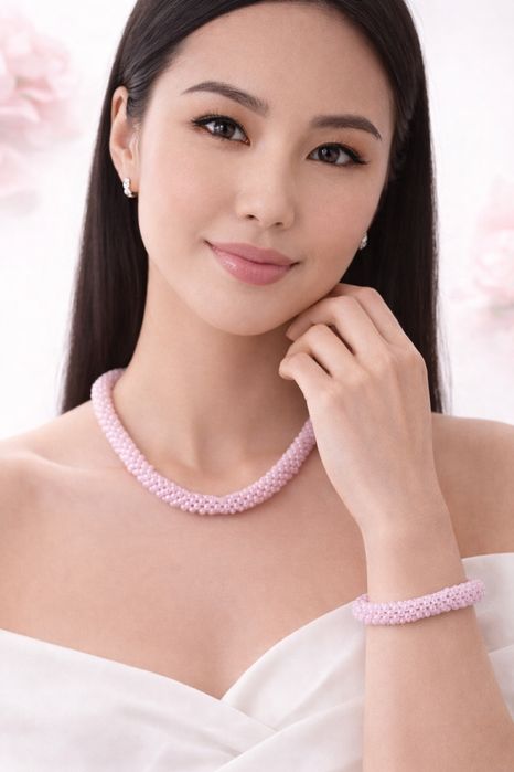 Колье и браслет из натурального розового кварца | Магнитная застёжка