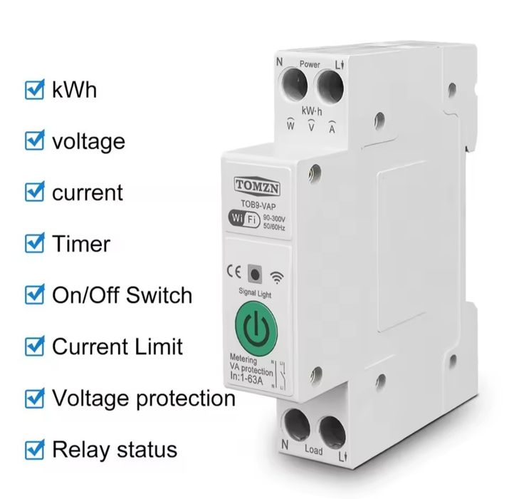 Releu Protecție Tensiune și Curent TOMZN TOB9-VAP, WiFi, 63A