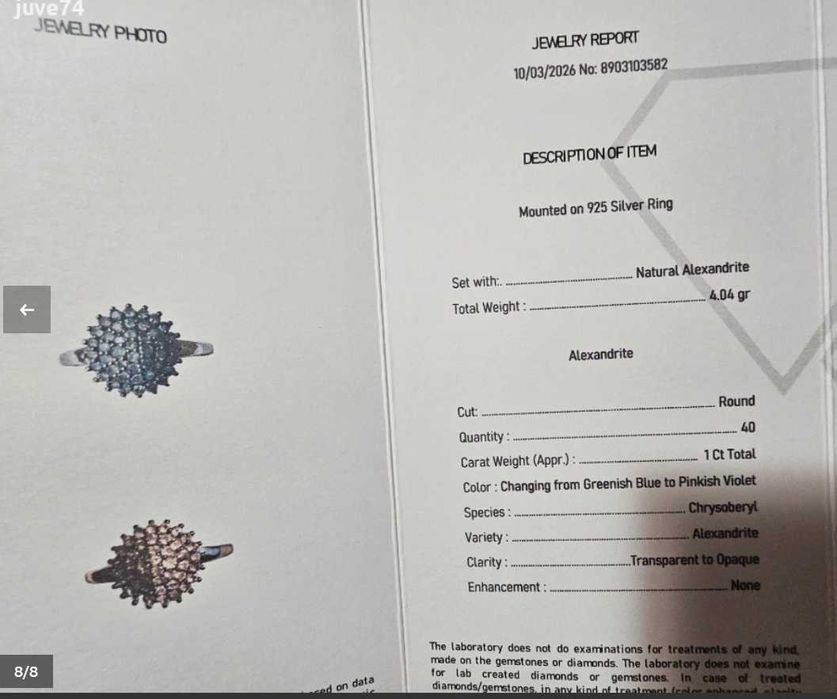 Сребърен пръстен с естествени александрити (Индия) СЕРТИФИКАТ